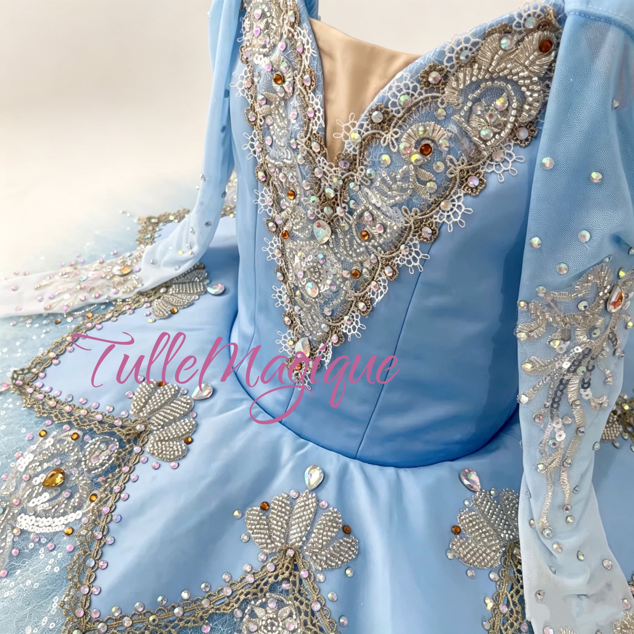 Detailed silver ornaments and long sleeves on a professional blue ballet tutu