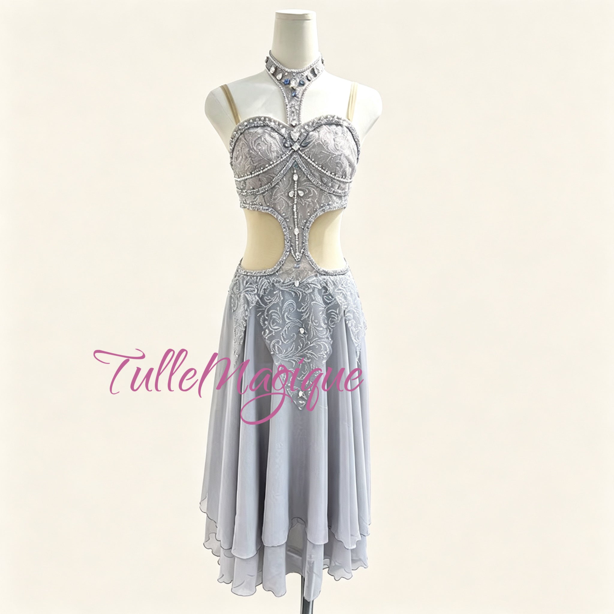 ⁠Professional silver grey Le Corsaire ballet costume by TulleMagique for La Bayadere and Medora variations at YAGP.⁠