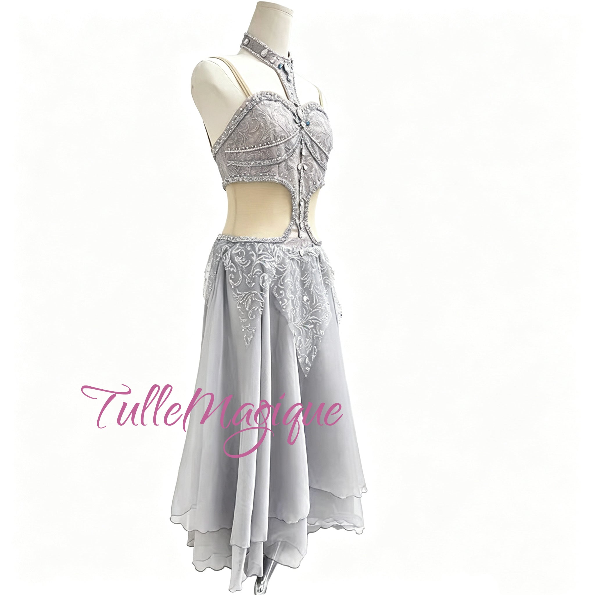 luxury silver two-piece oriental ballet lyrical dress with halter choker and cut-out waist for La Bayadere stage performance.