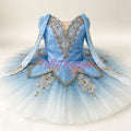 A light blue ballet tutu dress with silver and white beaded embellishments, featuring a V-neck bodice, long sheer sleeves. Professional classical ballet tutu for Snow Queen and Bluebird variations.