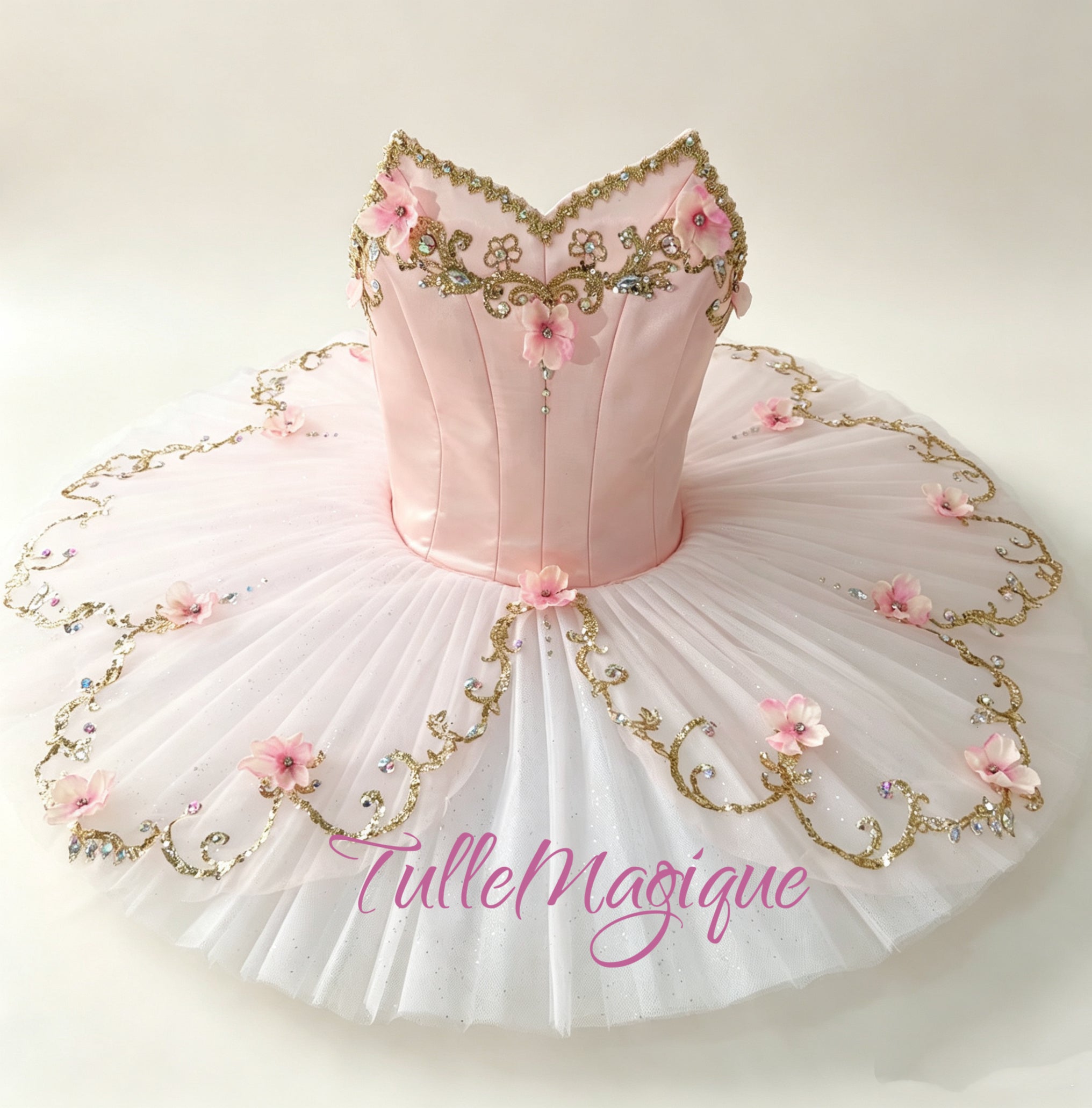 Professional pale soft pink and gold classical ballet tutu for Princess Aurora variation in Sleeping Beauty, Dew Drop in the nutcrackers featuring a soft pink satin bodice with gold baroque embroidery and 3D pink flowers for YAGP.