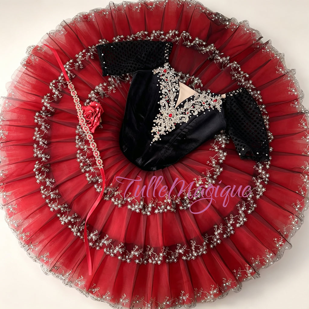 Handcrafted Spanish style red and black ballet competition costume for Don Quixote, Paquita or Esmeralda variations, adorned with a structured velvet bodice, gold baroque appliques, and a dramatic rose detail.