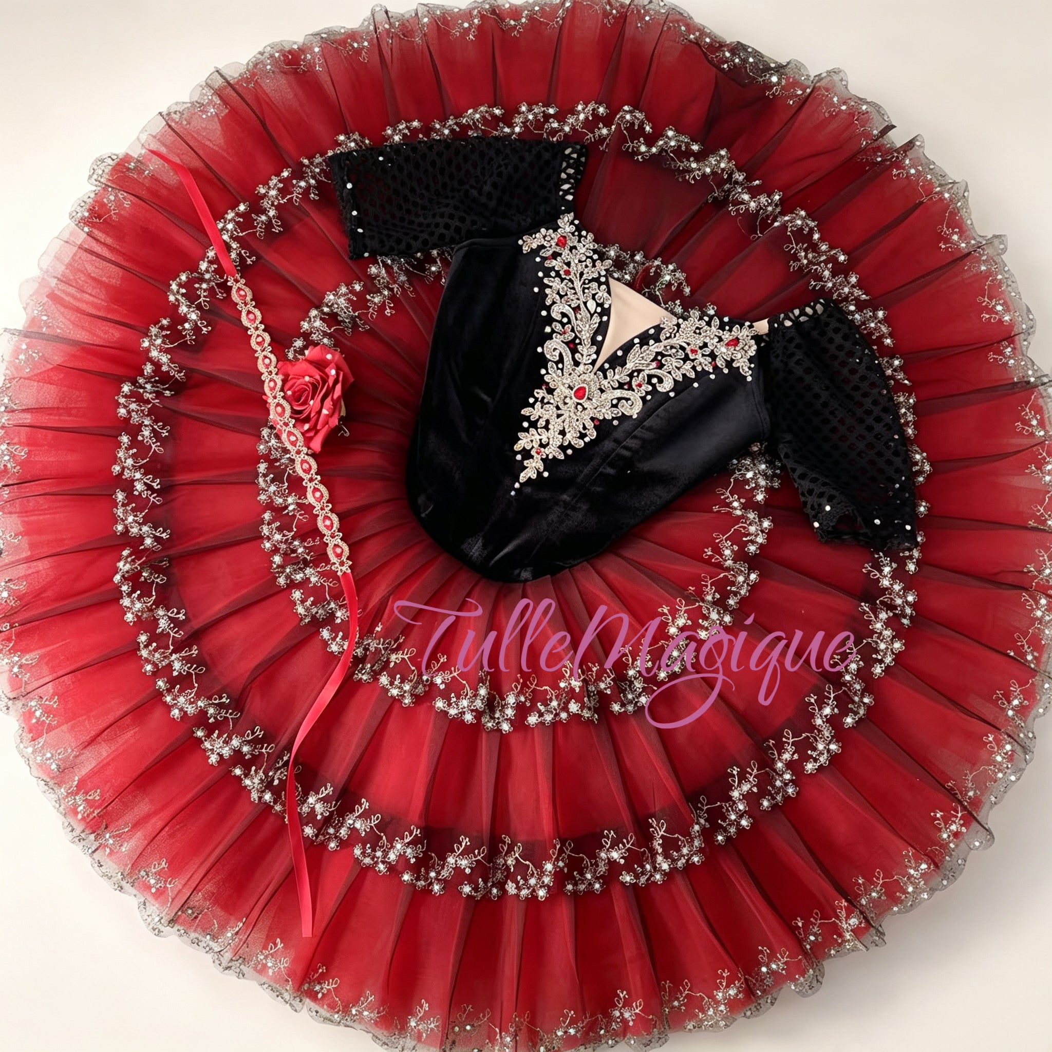 Handcrafted Spanish style red and black ballet competition costume for Don Quixote, Paquita or Esmeralda variations, adorned with a structured velvet bodice, gold baroque appliques, and a dramatic rose detail.