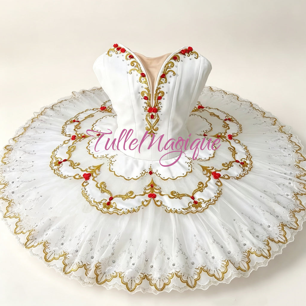 Professional white and gold classical tutu for Paquita, Don Quixote wedding, and Raymonda.