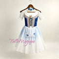 Professional Swanhilda ballet costume featuring a royal blue satin bodice with black ribbon criss-cross detailing and a long blue romantic tulle skirt