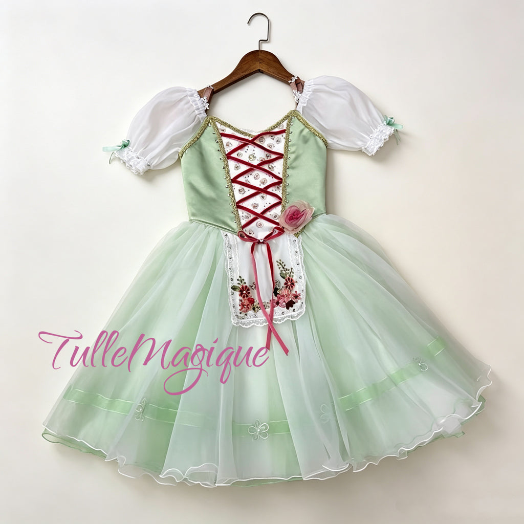Professional mint green romantic ballet tutu with an embroidered white lace apron and burgundy ribbon lacing for Swanhilda or Giselle Peasant variations