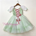 Professional mint green romantic ballet tutu with an embroidered white lace apron and burgundy ribbon lacing for Swanhilda or Giselle Peasant variations