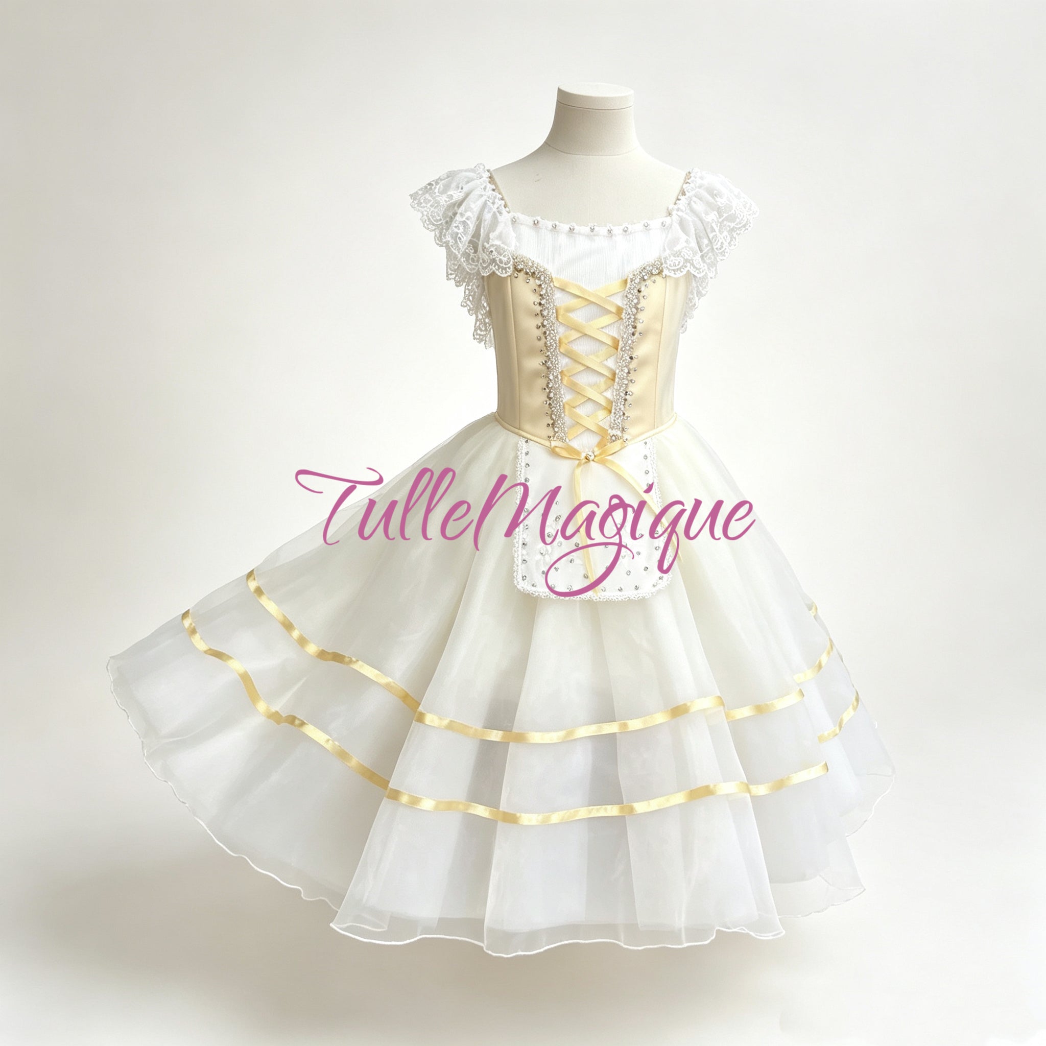 Front full view of a professional light yellowand white peasant ballet costume  featuring a satin bodice with yellow ribbon lacing, crystal-studded apron, and romantic tulle skirt with gold ribbons.