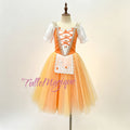 Professional Swanhilda peasant ballet costume featuring a vibrant peach orange bodice with gold lace trim and a layered apricot romantic tulle skirt
