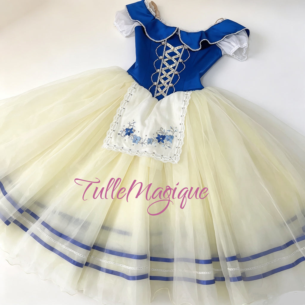Professional Swanhilda peasant ballet costume , featuring a royal blue bodice with criss-cross ribbon lacing and a pale yellow romantic tulle skirt