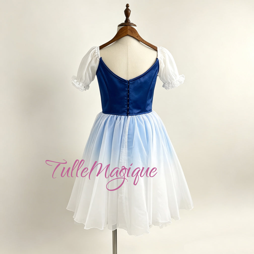 Professional Swanhilda ballet costume featuring a royal blue satin bodice hook-and-eye closure on the back and a gradient blue color romantic tutu skirt.