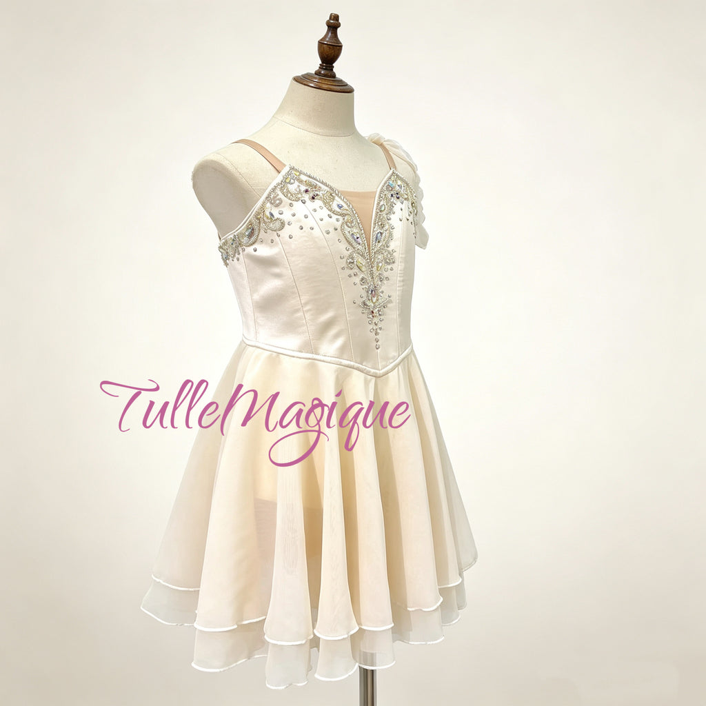 Grecian style ballet tunic dress costume for Talisman variation, featuring a layered soft chiffon short skirt, off-the-shoulder arm bands, and intricate rhinestone embroidery.