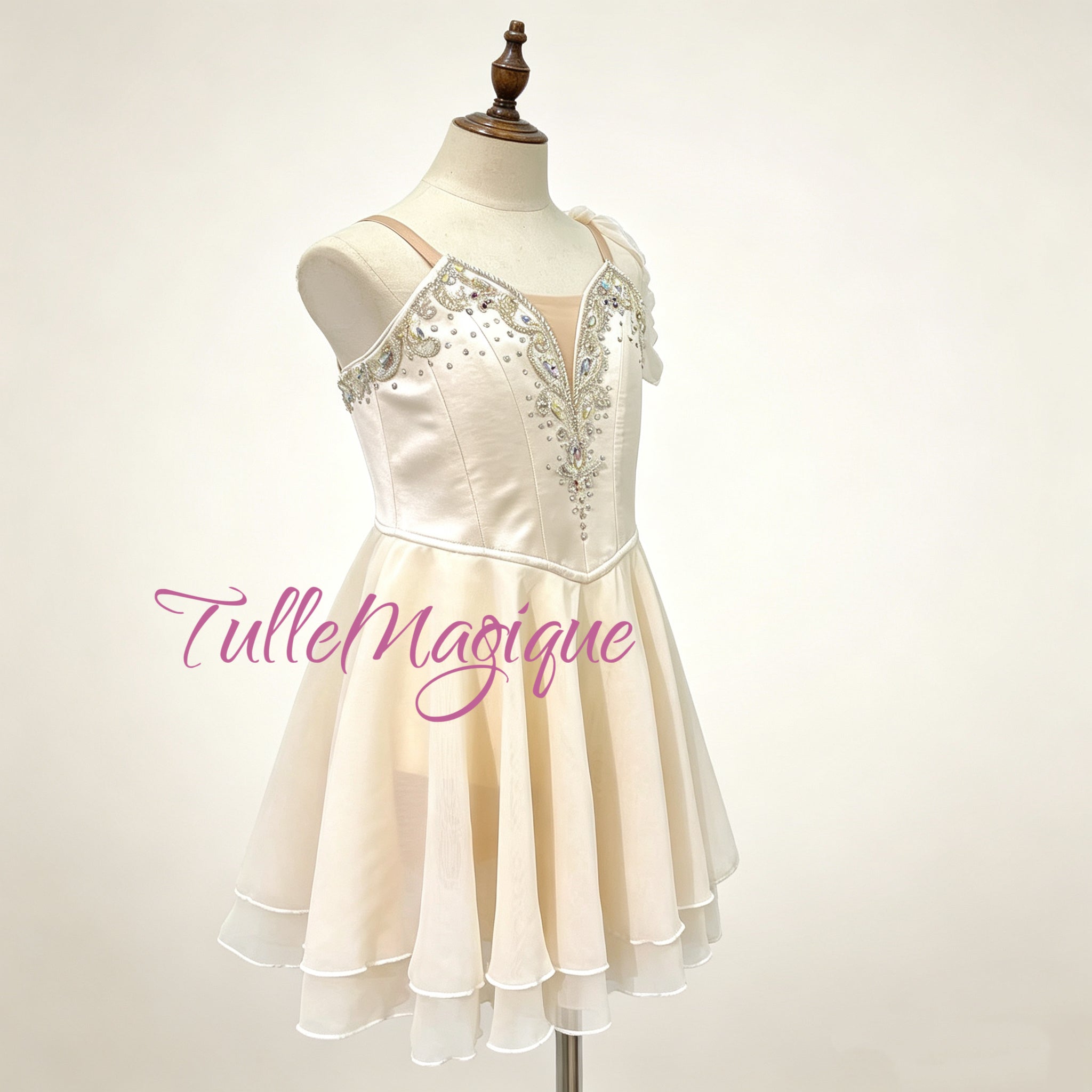 Grecian style ballet tunic dress costume for Talisman variation, featuring a layered soft chiffon short skirt, off-the-shoulder arm bands, and intricate rhinestone embroidery.
