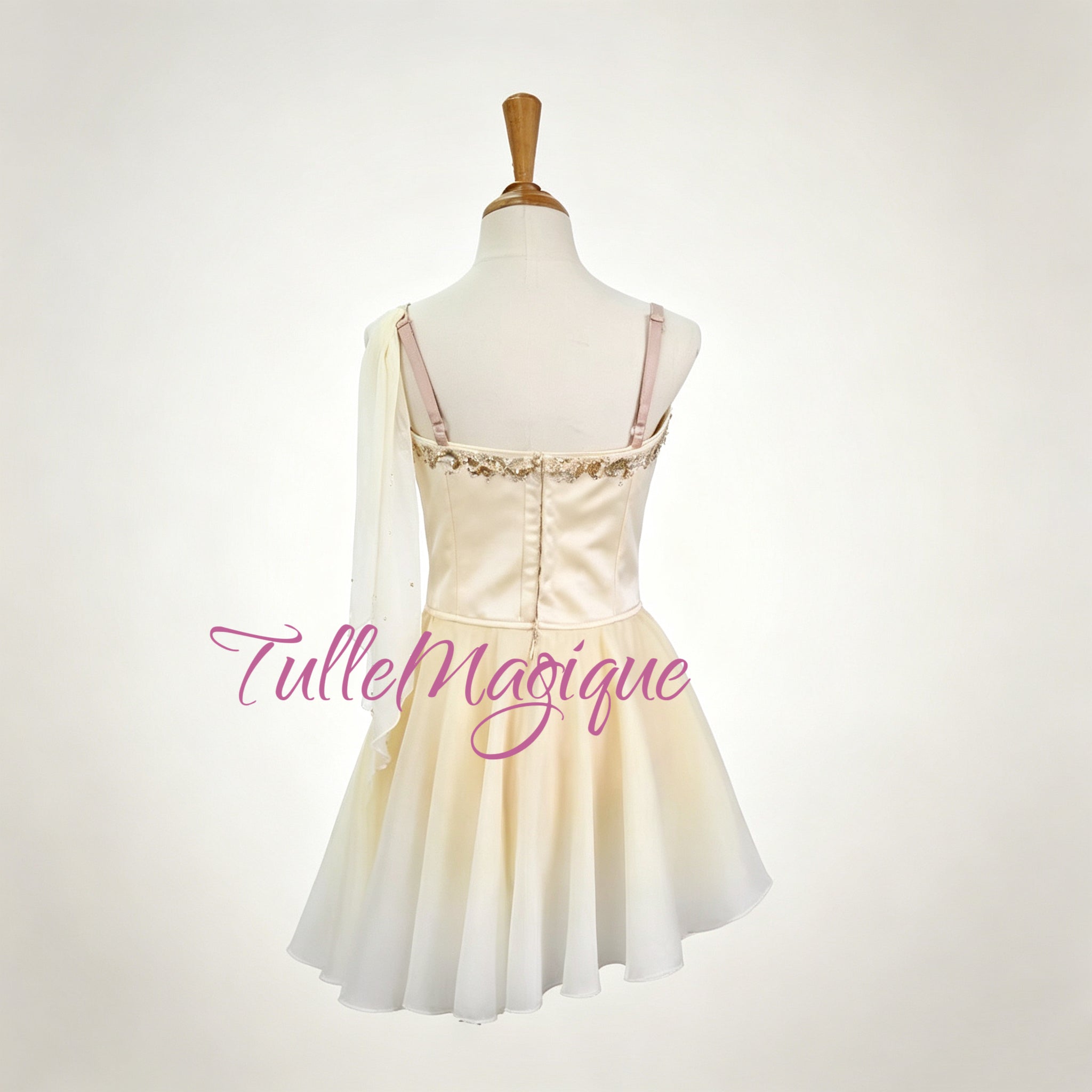 Professional Cupid ballet costume with shimmering gold lace appliqués and rhinestones, back with hooks and eyes