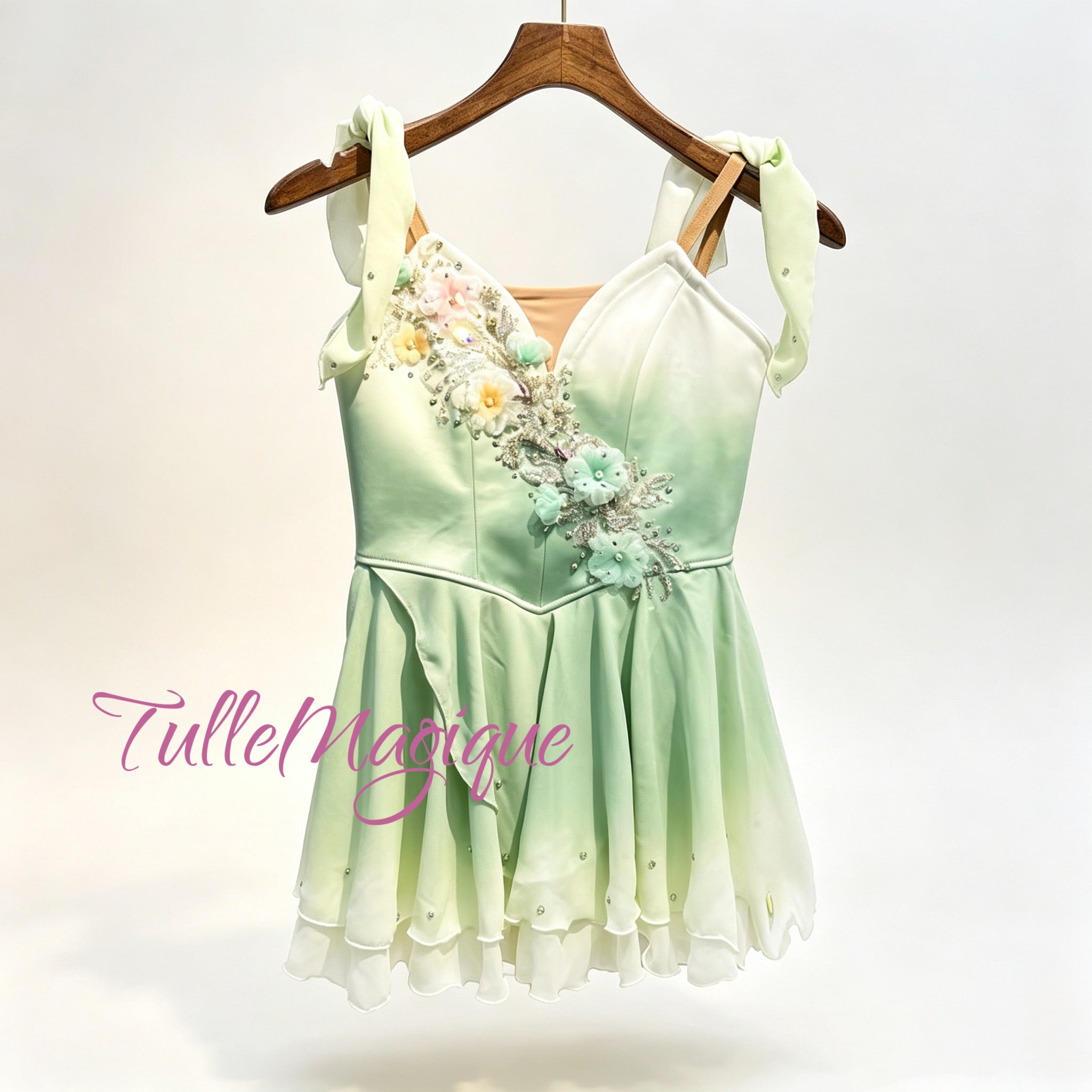 ⁠Professional mint green and white gradient Chiton ballet costume by TulleMagique for Spring Waters and Cupid variations at YAGP.⁠