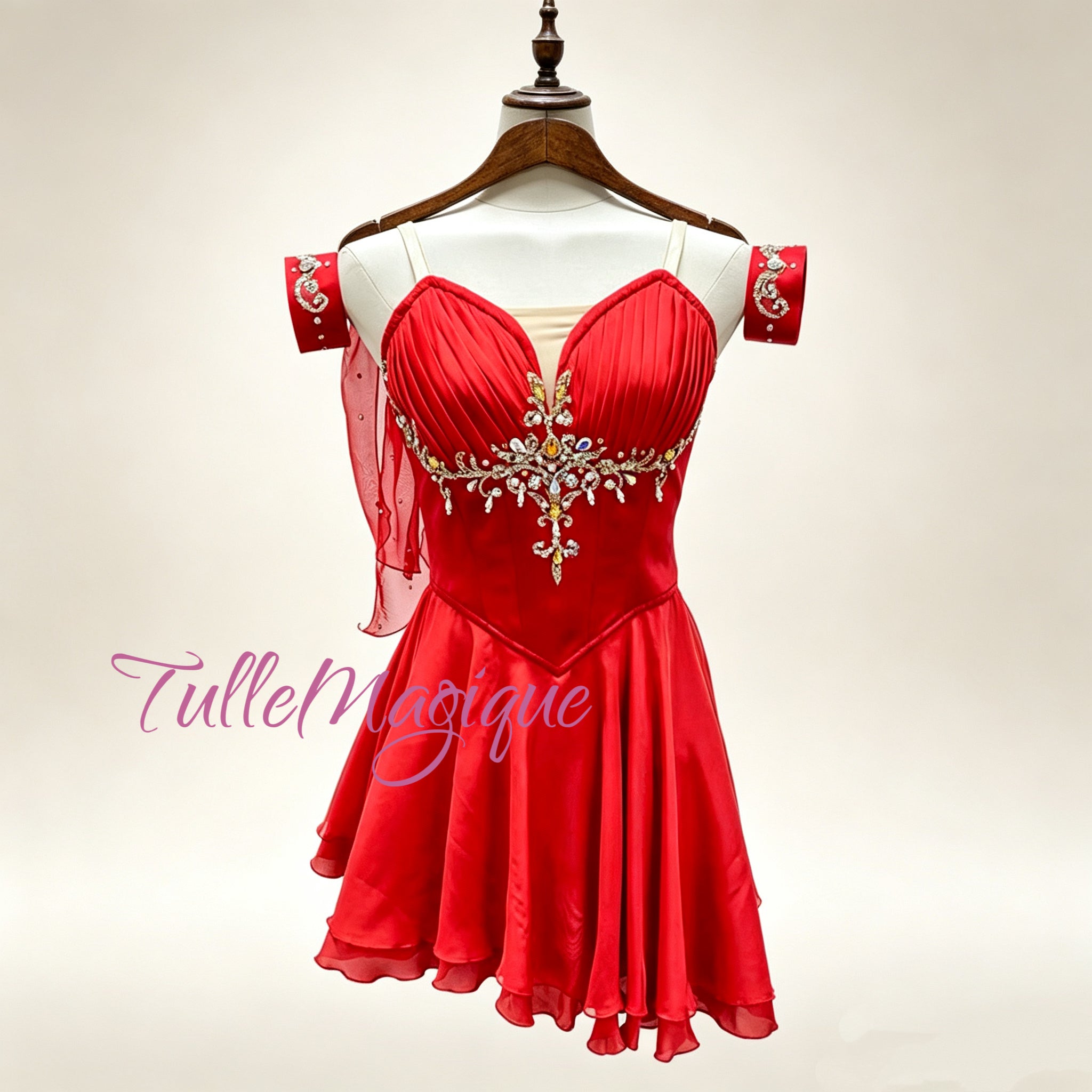 ⁠Professional red Diana ballet costume by TulleMagique for Diana and Actaeon variation or Talisman at YAGP competition.⁠