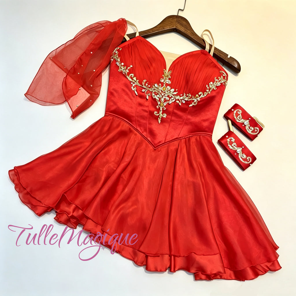 ⁠TulleMagique luxury red Chiton style ballet tunic dress featuring pleated bodice with crystal embellishments and armbands.⁠