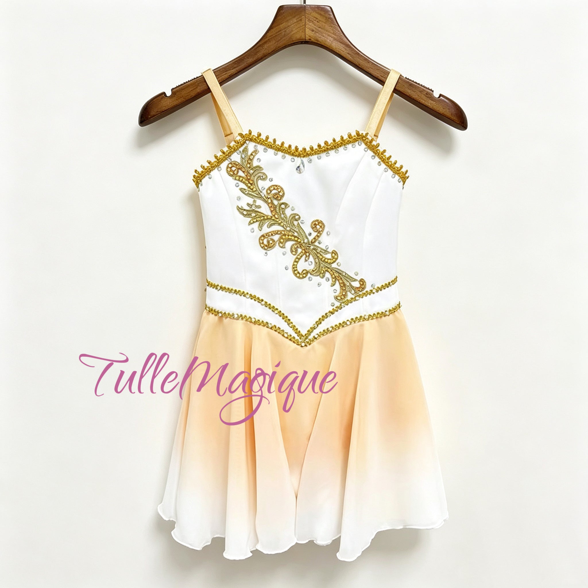 Professional white and peach ombré Cupid ballet costume with champagne ombre tunic skirt by TulleMagique for Talisman variation