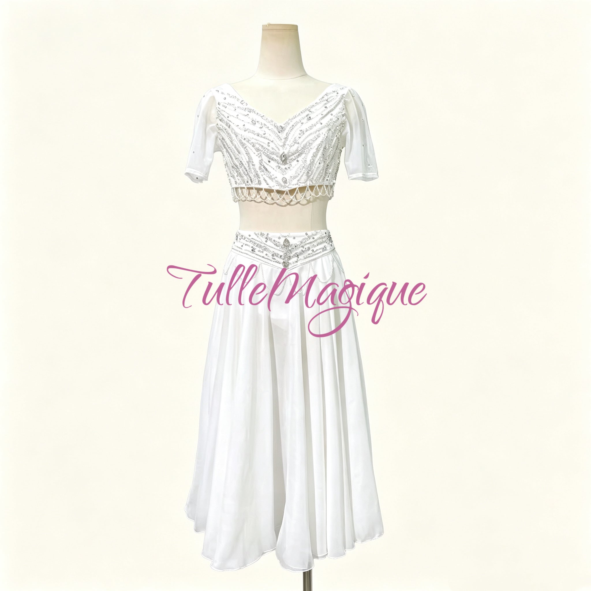 ⁠Professional white Le Corsaire ballet costume by TulleMagique for La Bayadere Nikiya variation at YAGP, front view