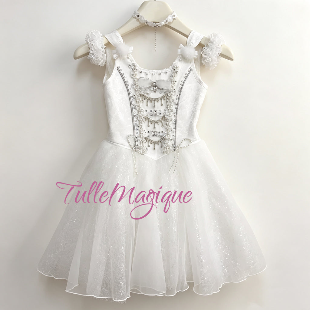 professional white ballet costume with plush pom-poms and silver rhinestone corset, ideal for the Toy Rabbit in The Nutcracker , The Bunny Drummer / Drummer Rabbit in The Fairy Doll / Die Puppenfee or White Cat in Sleeping Beauty.