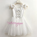 professional white ballet costume with plush pom-poms and silver rhinestone corset, ideal for the Toy Rabbit in The Nutcracker , The Bunny Drummer / Drummer Rabbit in The Fairy Doll / Die Puppenfee or White Cat in Sleeping Beauty.