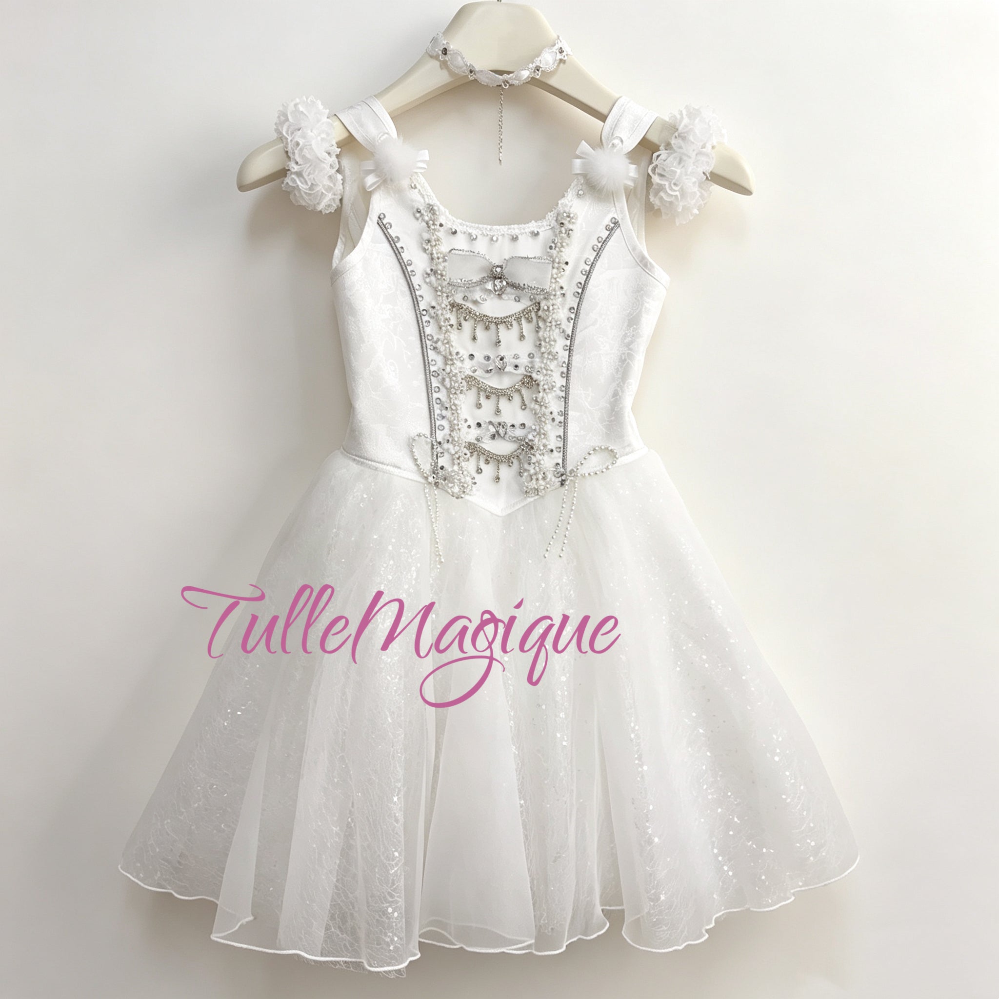 professional white ballet costume with plush pom-poms and silver rhinestone corset, ideal for the Toy Rabbit in The Nutcracker , The Bunny Drummer / Drummer Rabbit in The Fairy Doll / Die Puppenfee or White Cat in Sleeping Beauty.