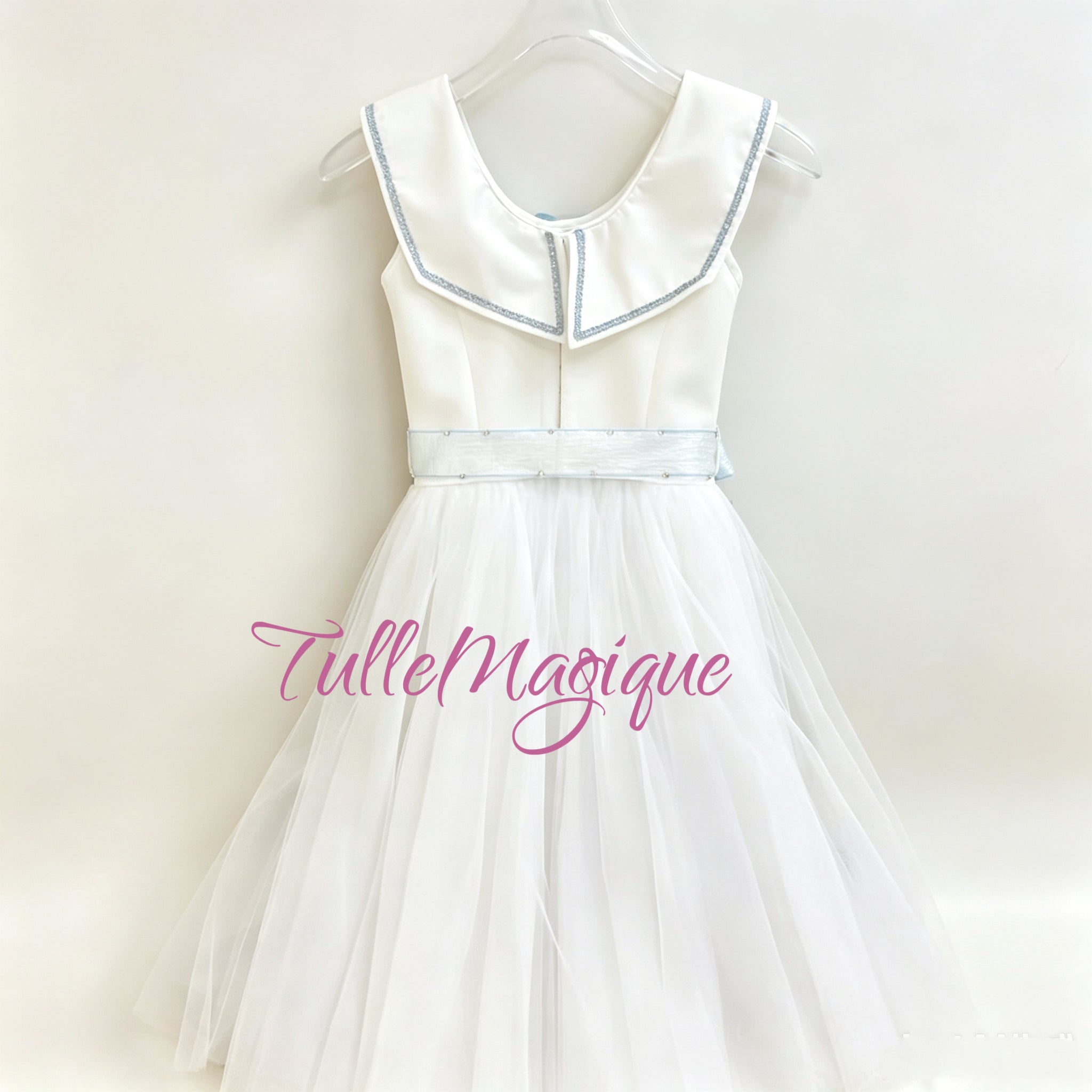 Flowing white romantic-length tulle skirt from the Graduation Ball ballet costume designed to catch the air gracefully during lively comedic variations.