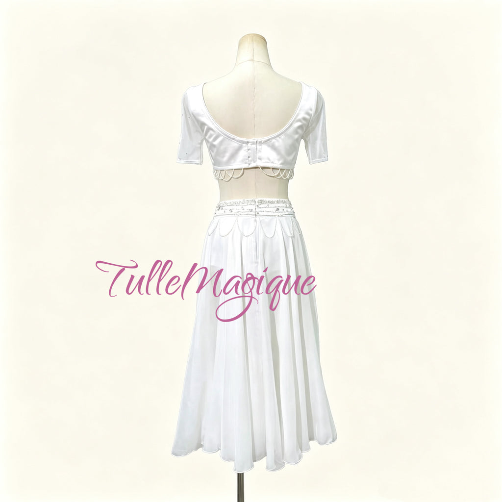 ⁠Back view of TulleMagique professional two-piece white ballet tunic dress with chiffon skirt for stage competition.⁠