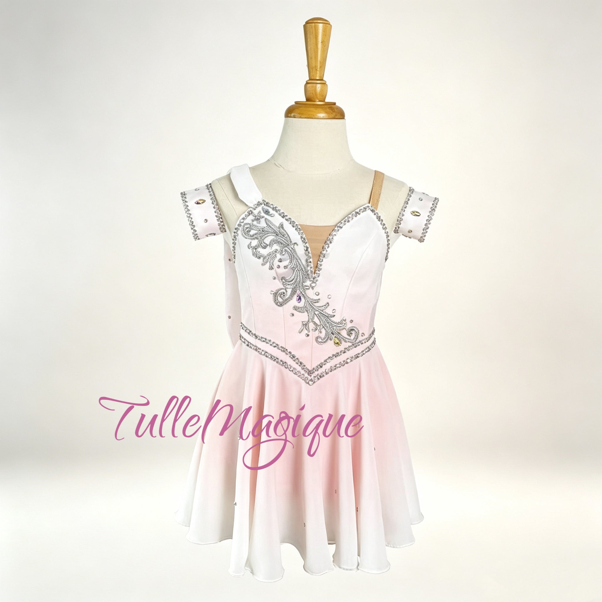 White and pink gradient professional ballet dress for Cupid variation, featuring silver embroidery. 