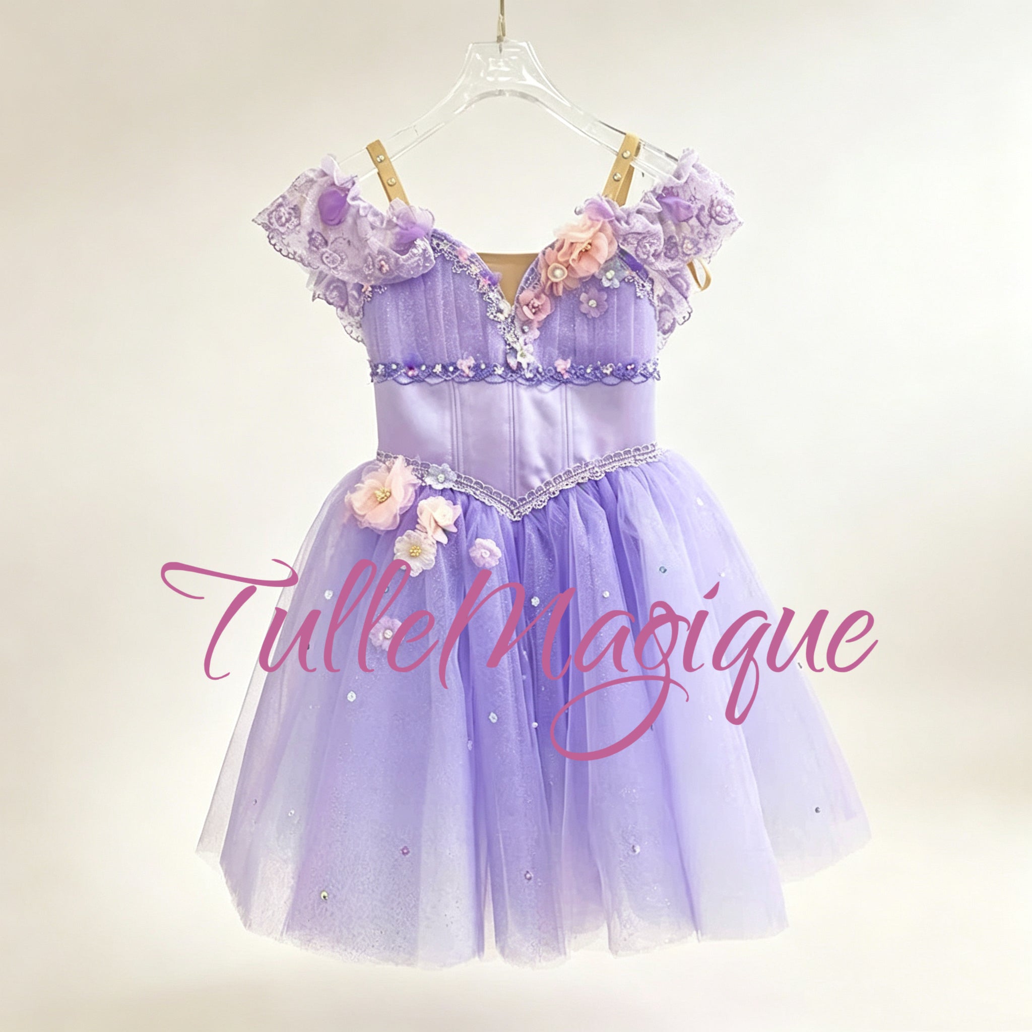 High-end ballet competition costume for Lilac Fairy and floral variations, handcrafted purple romantic tutu with ruffled sleeves and crystal details.