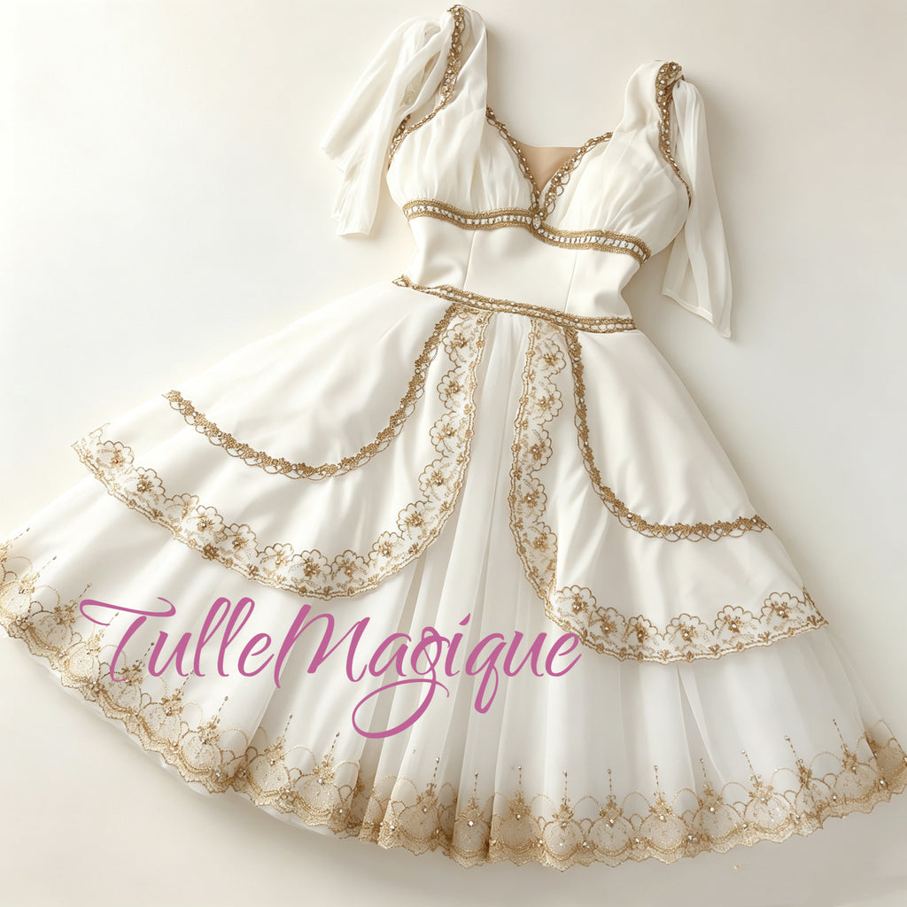 An elegant Grecian style professional romantic ballet tutu costume in white with dual-layered skirt and gold embroidery, ideal for mythic Hebe (Goddess of Youth) Variation.